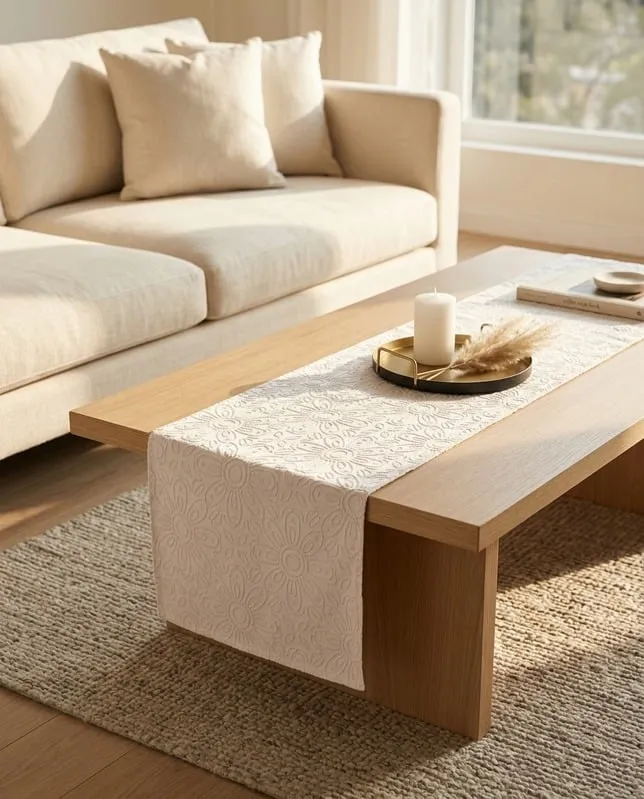 Camino de mesa blanco marfil con relieve floral sobre una mesa ratona de madera