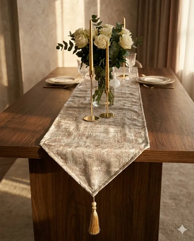 Camino de jacquard crudo y dorado con borla, sobre una mesa de comedor con flores blancas