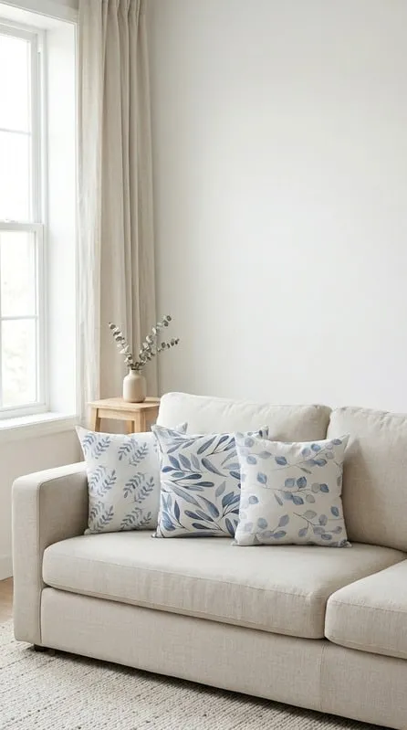 Tres almohadones celestes con hojas acuareladas sobre un sillón claro