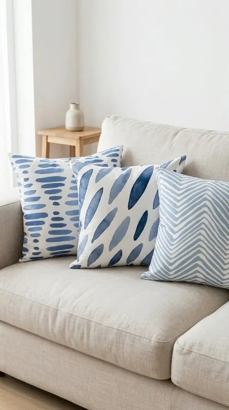 Almohadones con hojas y rayas azul suave sobre un sillón beige