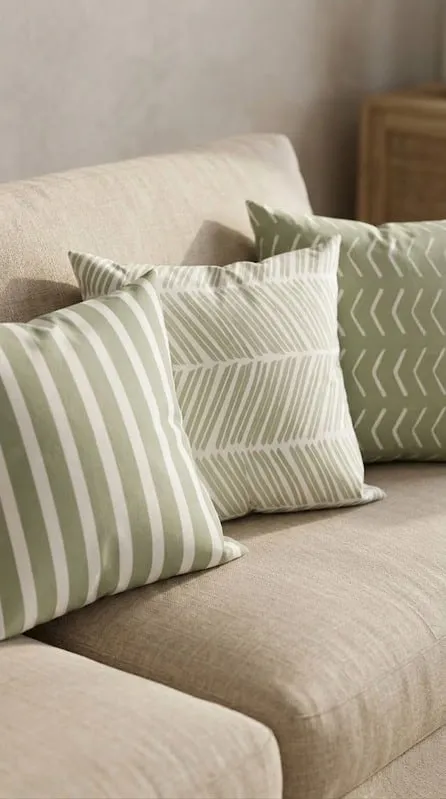 Tres almohadones a rayas y con hojas en verde salvia sobre un sillón beige