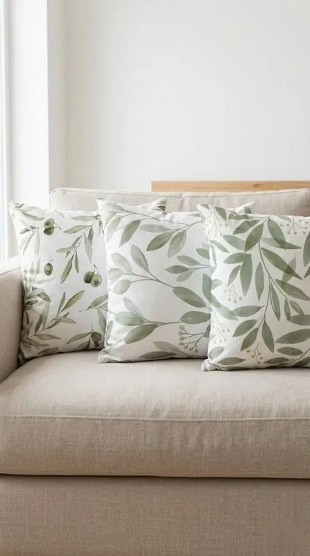 Almohadones blancos con hojas verde salvia sobre un sillón