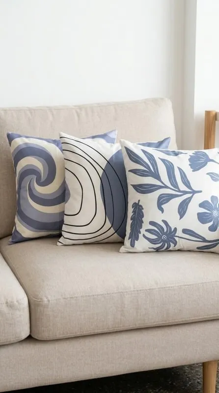 Tres almohadones con estampados gráficos azules sobre un sillón beige