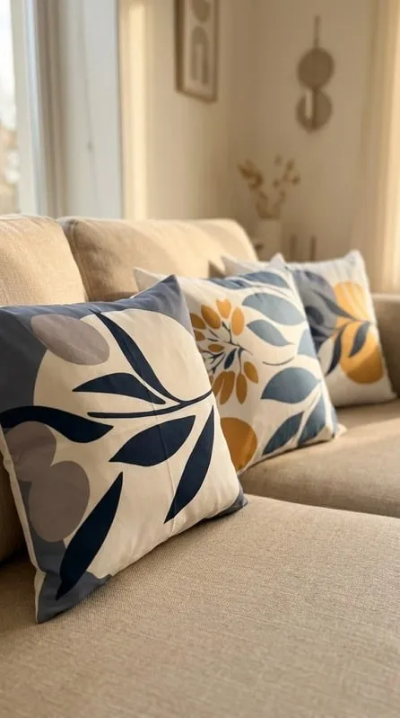Almohadones con hojas azul marino y flores mostaza sobre un sillón