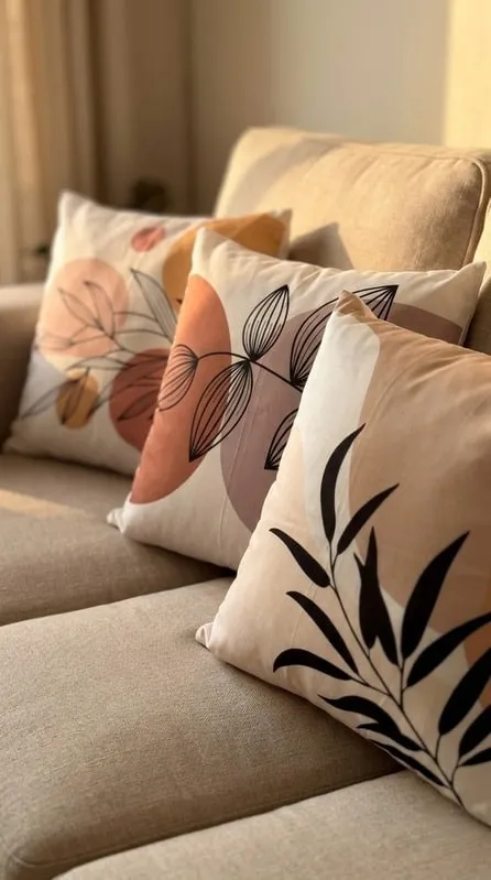 Almohadones con formas abstractas terracota y hojas negras sobre un sillón