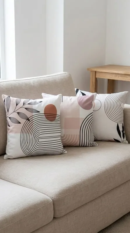 Tres almohadones con arcos negros y círculos terracota y rosa