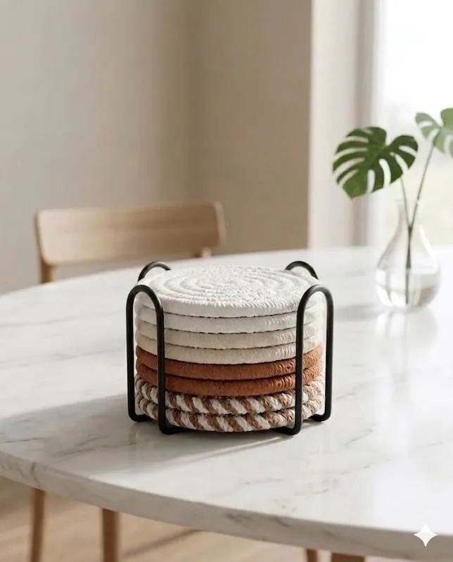 Ocho posavasos trenzados en tonos neutros apilados en un porta-posavasos negro