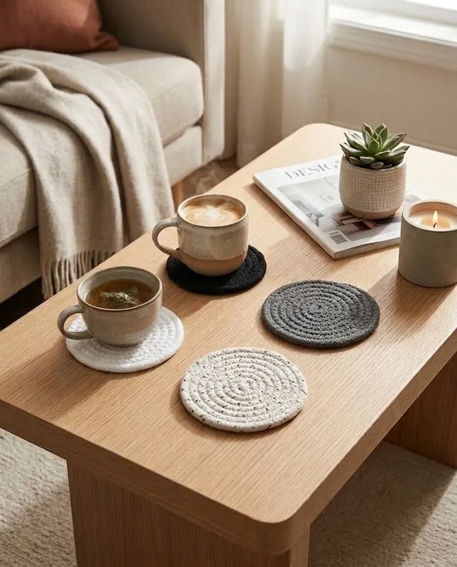 Posavasos trenzados blancos y grises con tazas sobre una mesa ratona